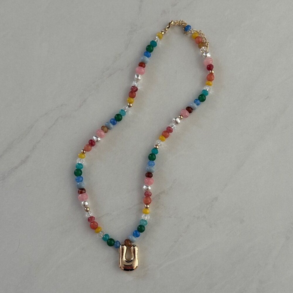 NWOT Anthropologie Colorful Beaded Bubble Letter Monogram Necklace Letter 'U'